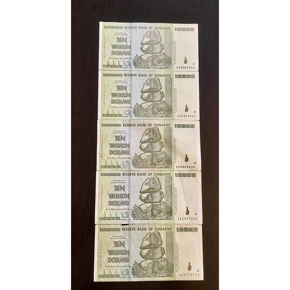 5 x 10 Trillion Zimbabwe Dollars Banknotes AA 2008 Currency 100 % Authentic